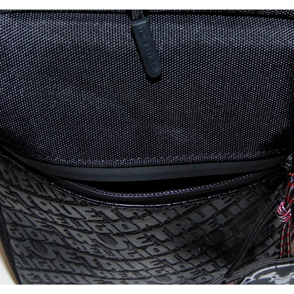 True Religion Wennington Sling Crossbody Black Embossed Logo Buddha Charm NWT